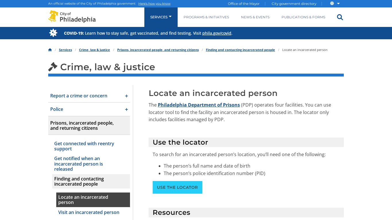 Locate an incarcerated person | Services | City of Philadelphia